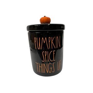 Rae Dunn PUMPKIN SPICE THINGS UP Black Canister Jar w/Pumpkin Fall Halloween NEW